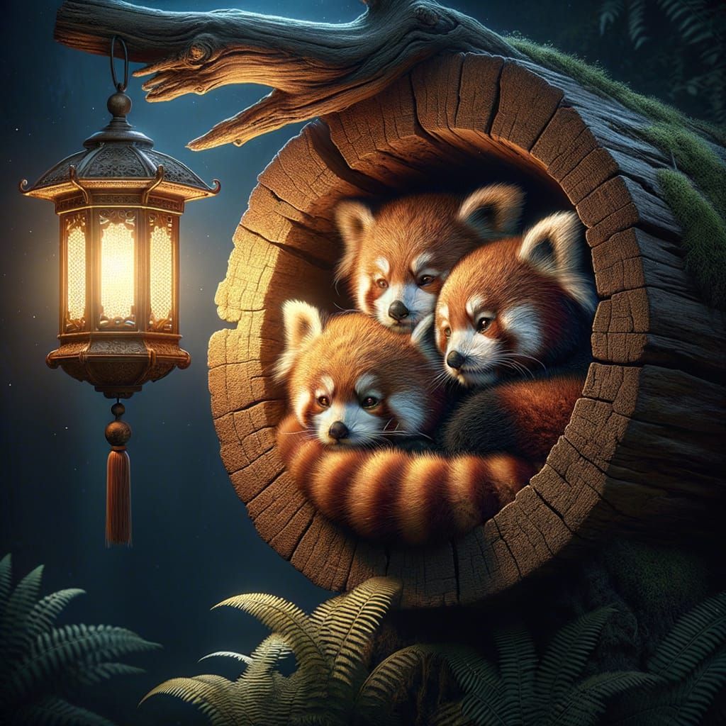Red Panda Family Lit by Lantern in Dark Forest