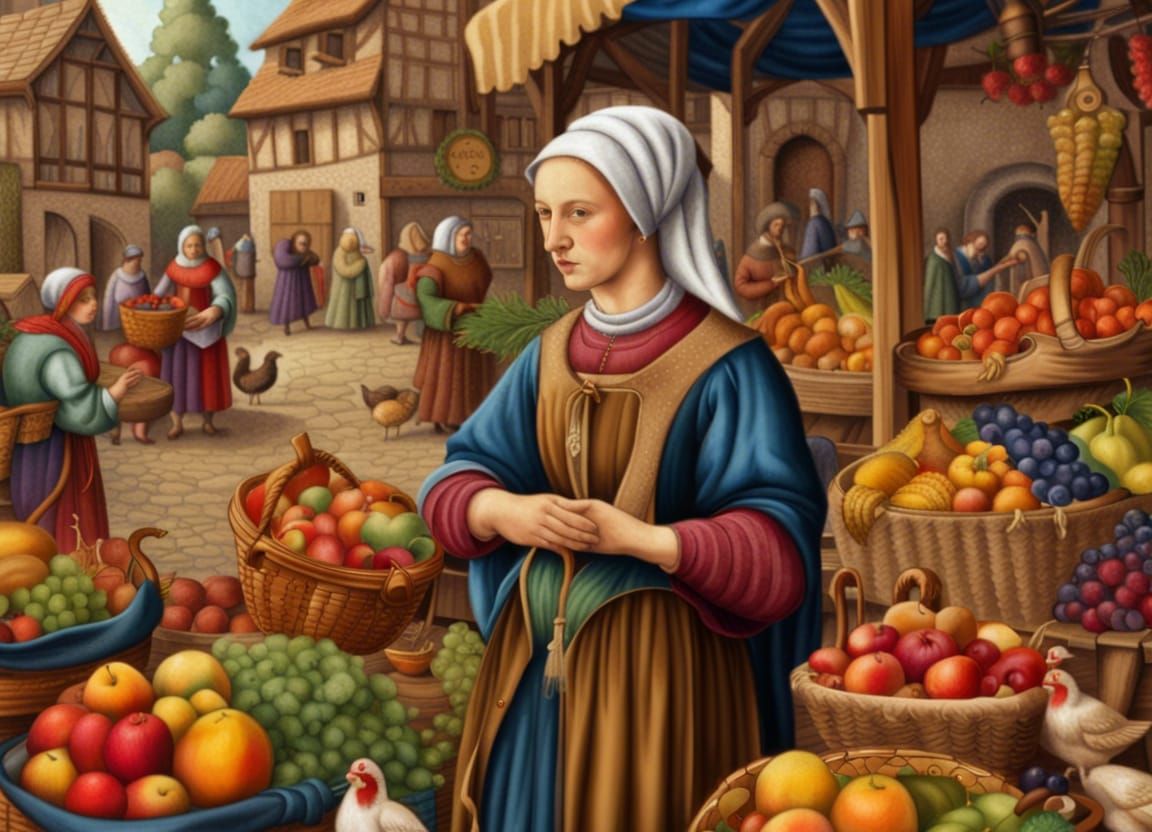 Medieval Woman Shopping at Market in Tapestry Style