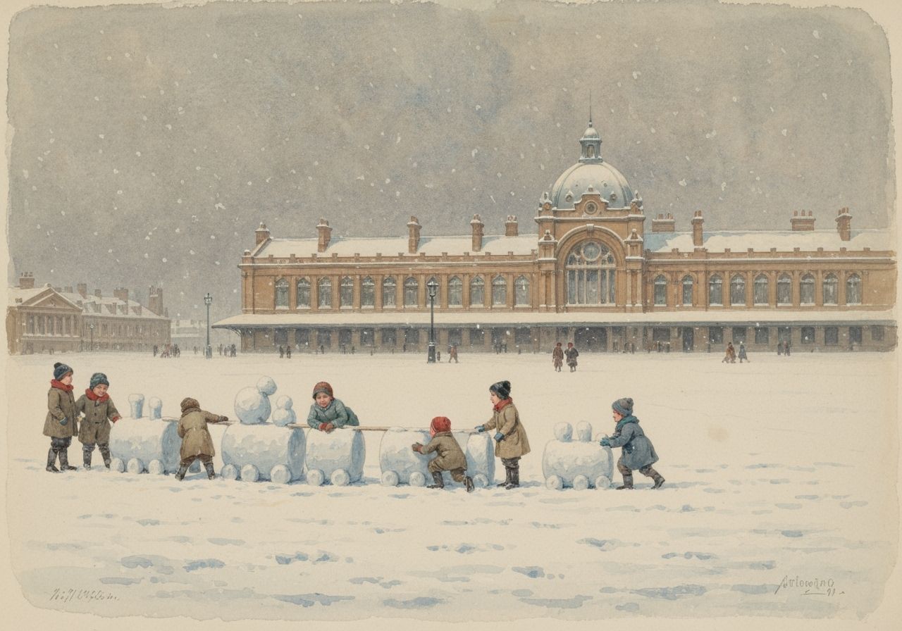 Victorian Children Build Snow Train Near Station in Watercol...