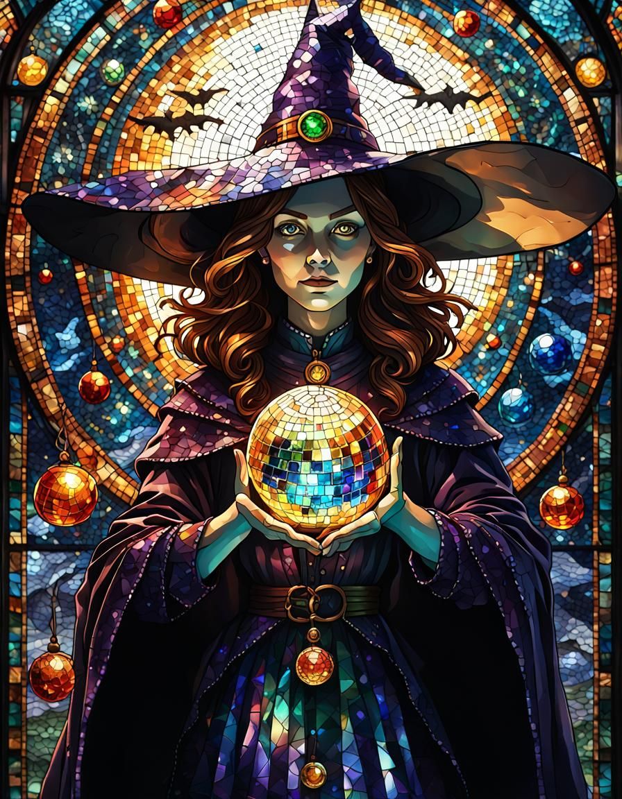 Detailed Mosaic of Witch Casting Spells