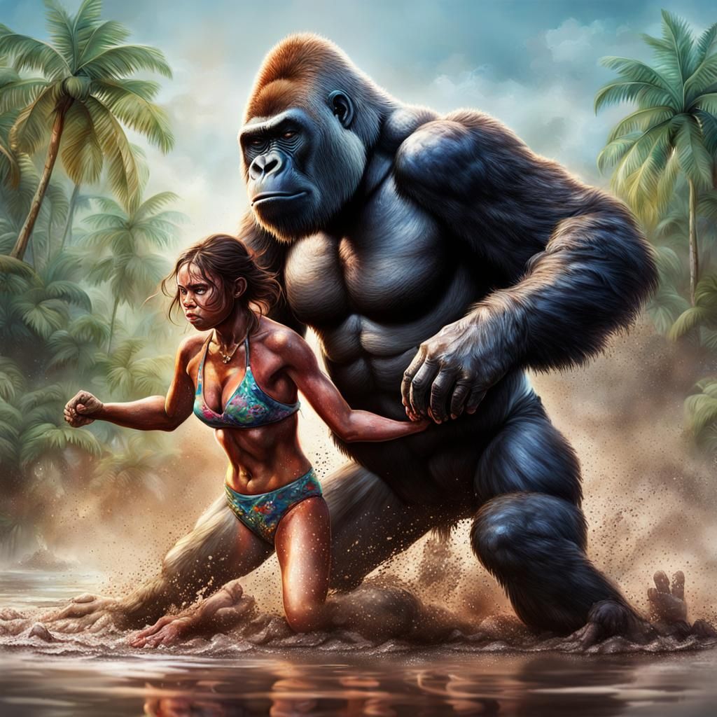Hyperrealistic Gorilla and Bikini Girl Mud Wrestling