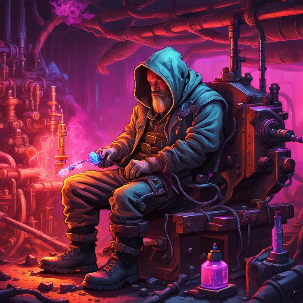 Hooded Dwarf Injecting Serum in Cyberpunk Fantasy Art