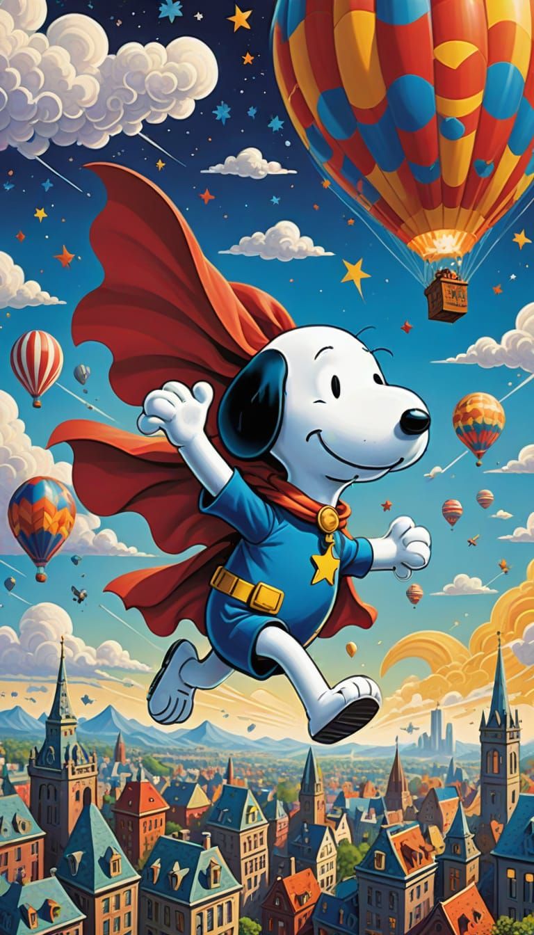 Snoopy Soars as a Fractal Superhero in Whimsical Cartoon Dre...
