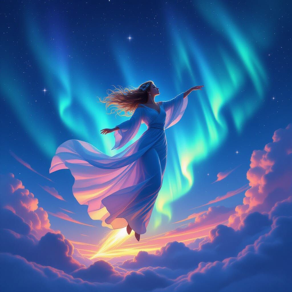 Aurora Phoenix Soaring Through Starry Aurora Sky
