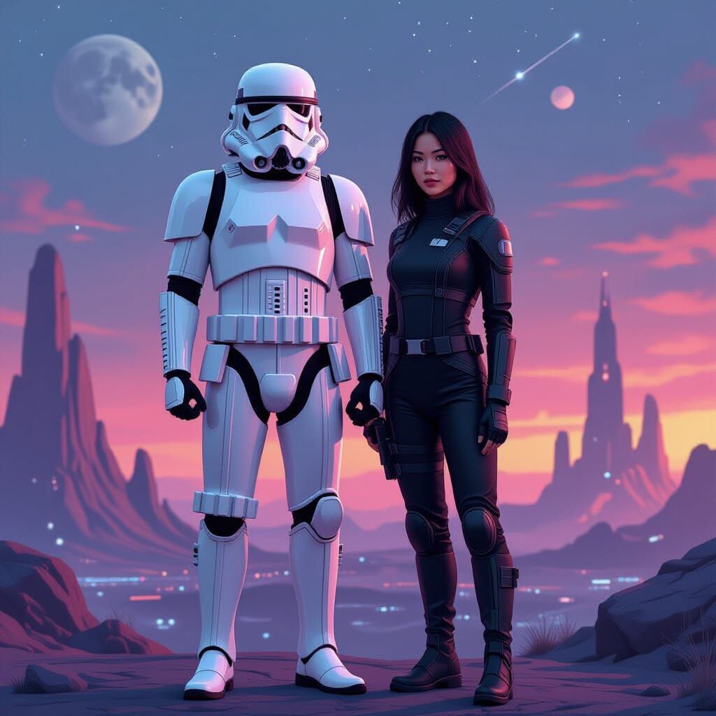 Futuristic Asian Stormtrooper and Companion in Sci-Fi Landsc...