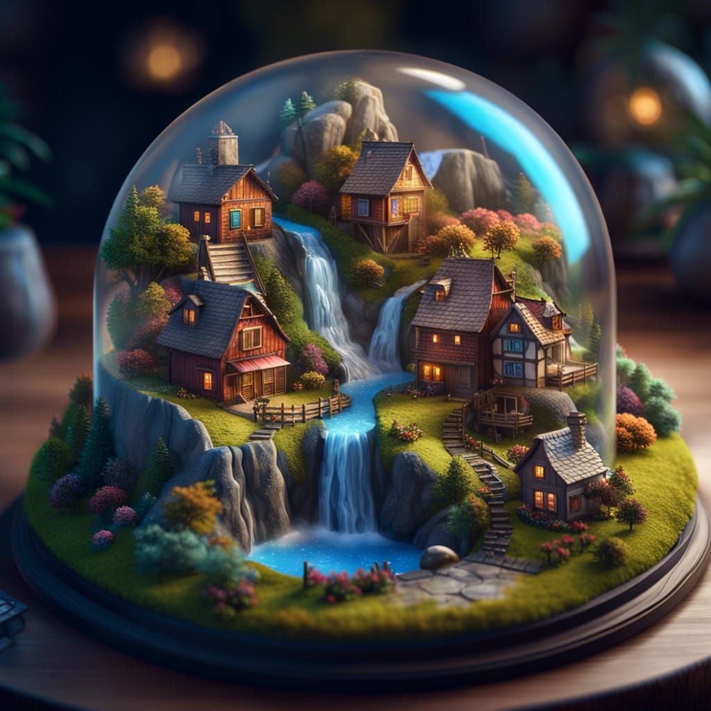 Waterfall Village Diorama in Glass Dome