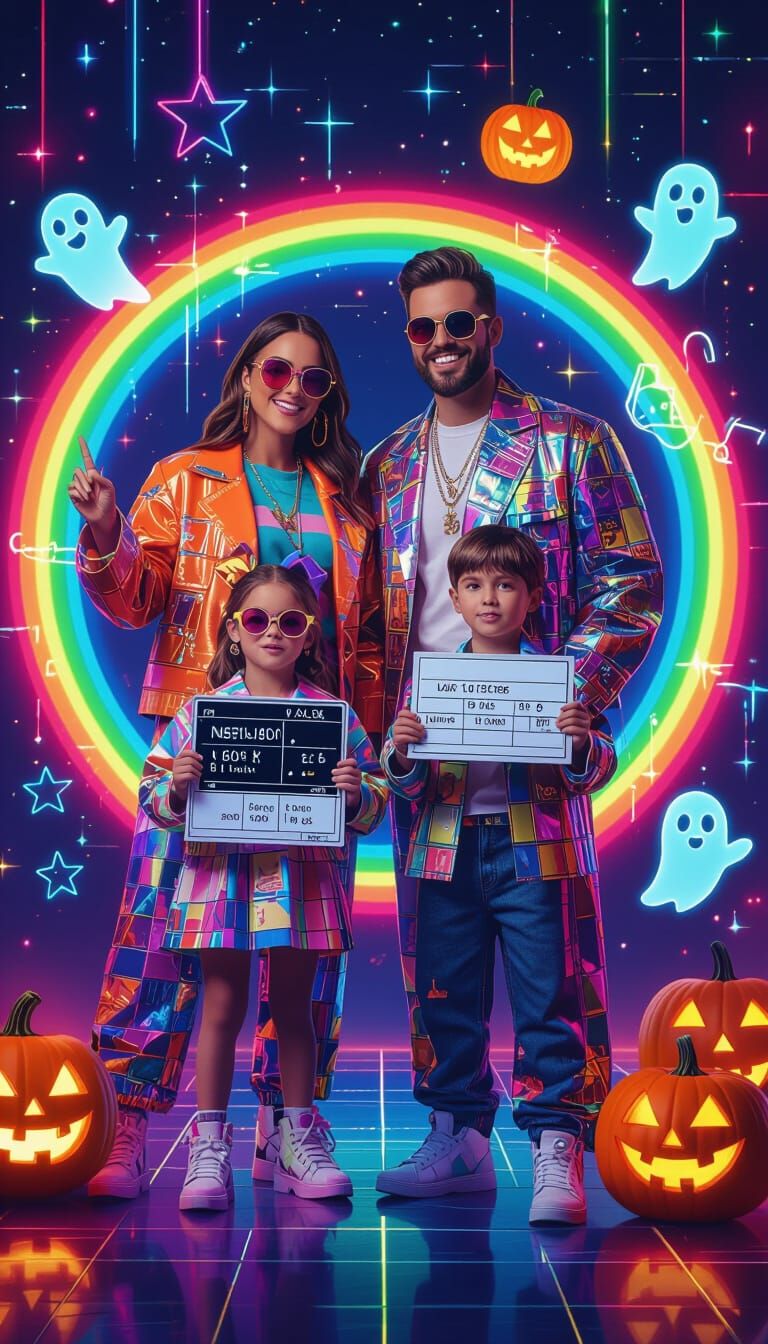 Y2K Family Portrait with Holographic and Glitch Effects