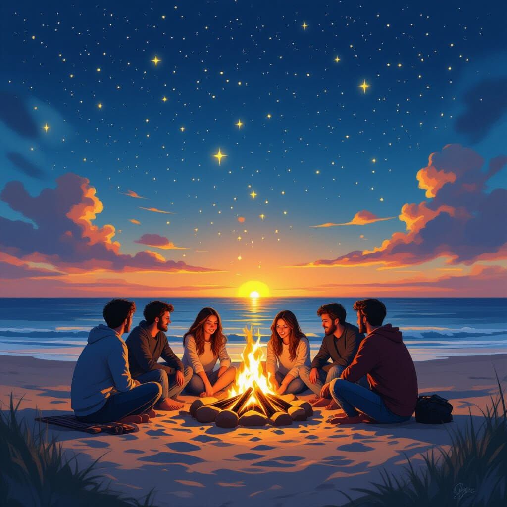 Beach Bonfire Under Starry Sky: Digital Art