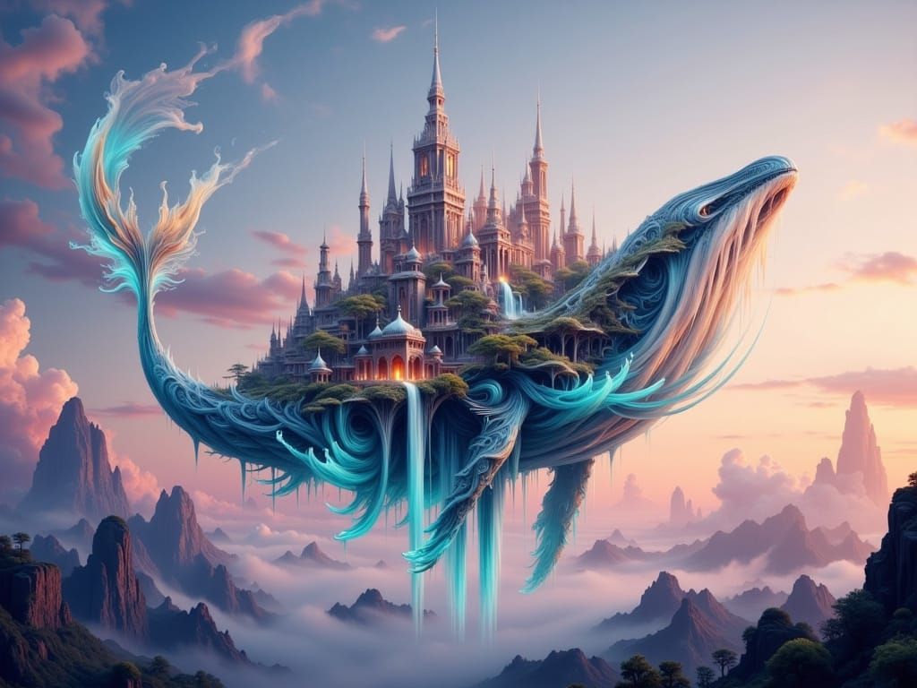 Bioluminescent Sky-Whale City at Sunset