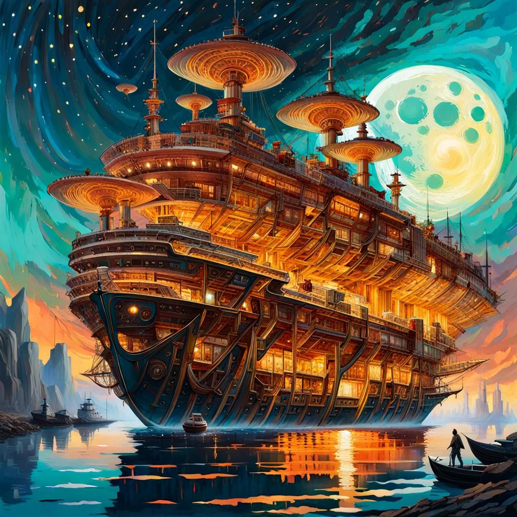 Exotic Flying Ship Entering Port as Digital Art