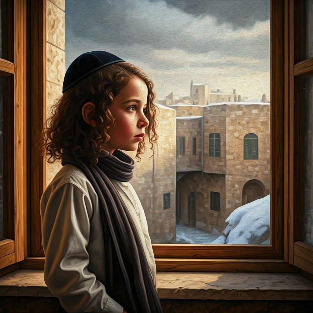 Young Haredi Boy in Traditional Attire Watches for Snowfall ...