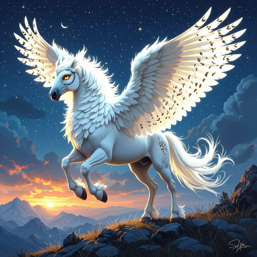 Winged Owl-Feathered Horse in Dreamlike Matte Painting