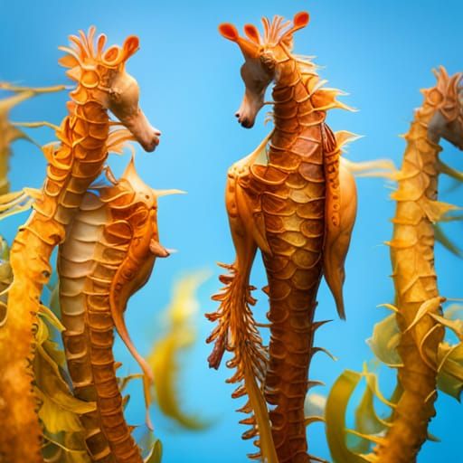 Seahorses Swimming in Kelp Blue Water
