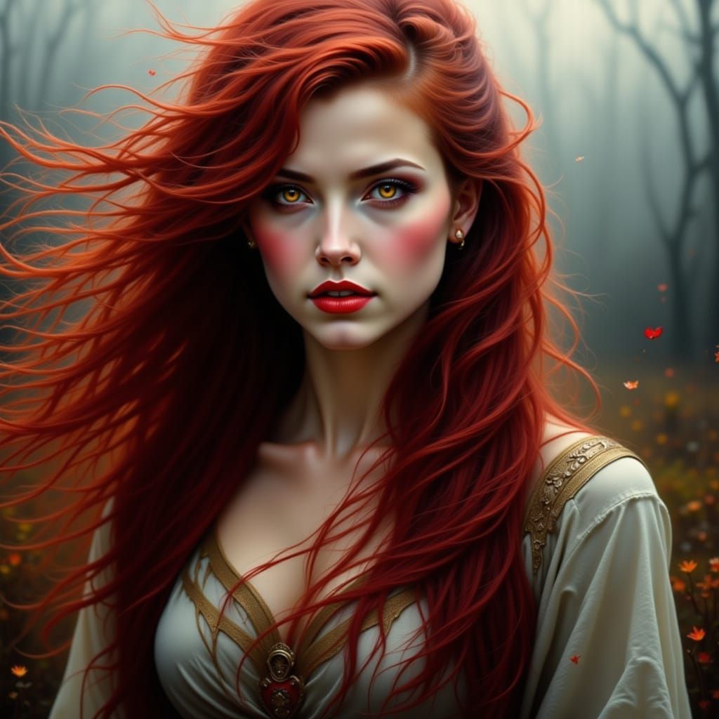 Beautiful Woman with Wild Dark Red Windblown Hair