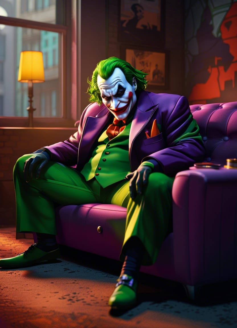 Supersized Joker Lounging in Run Down Apartment
