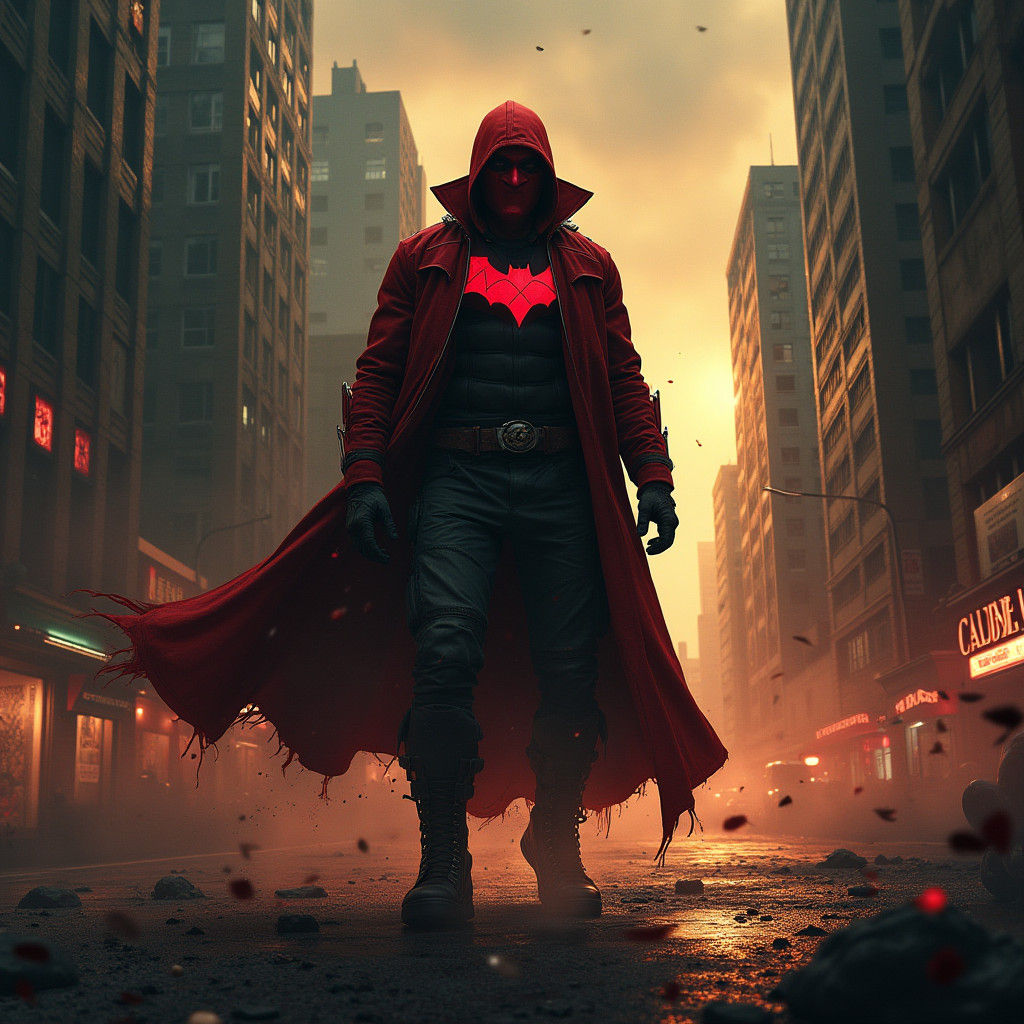 Red Hood in Stormy Cyberpunk Cityscape