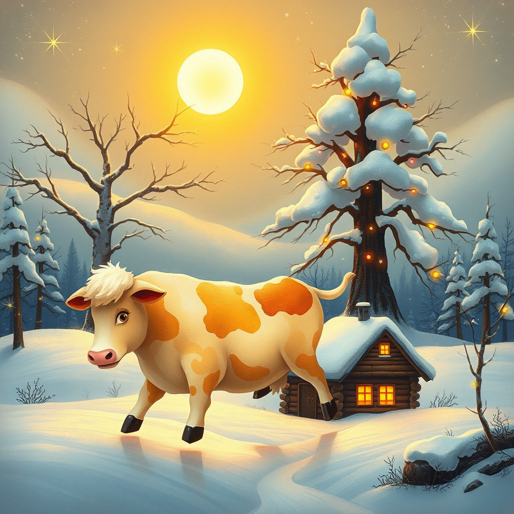 the whimsical essence of the 'Vache maudite' (Cursed Cow) with a cozy log cabin under a giant snow-covered...
