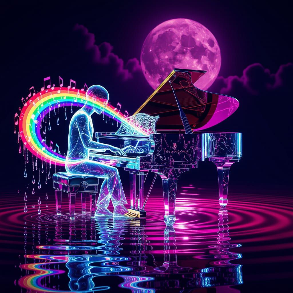 Surreal Pianist Rides Rainbow on Crystal Water Piano
