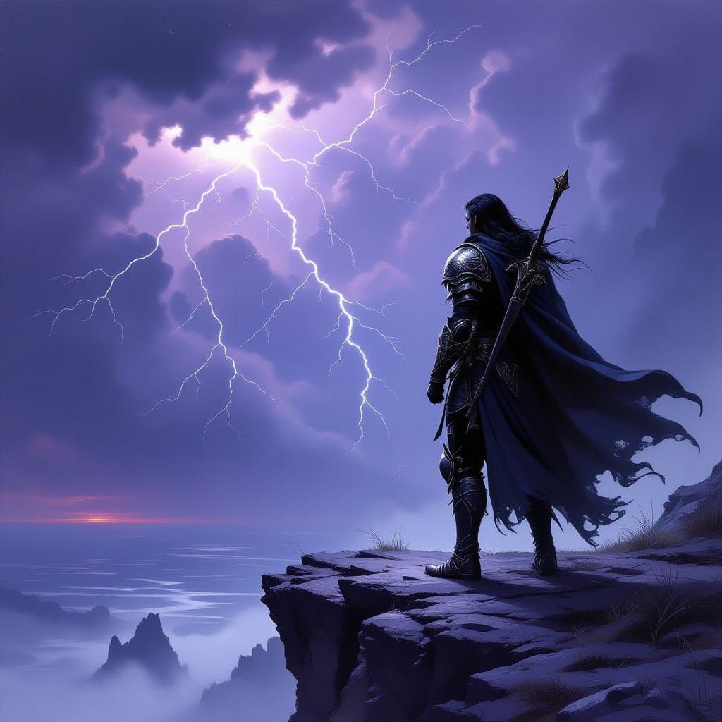 Elf Warrior on Stormy Cliff in Dark Fantasy Style