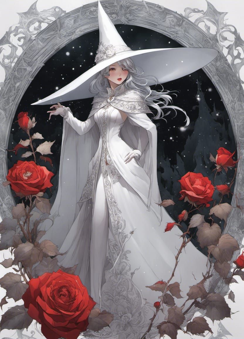 Beautiful Winter Witch in Snowy Rose Garden