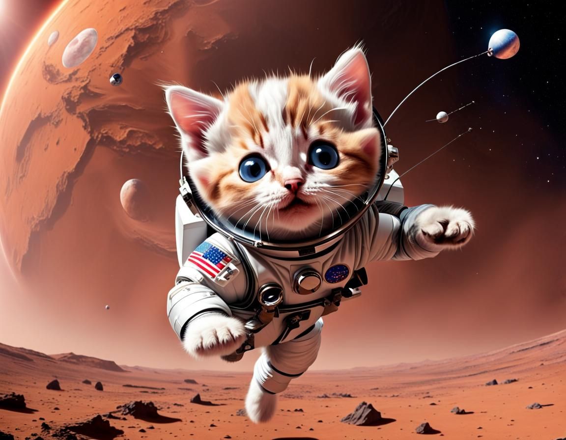 Kitten Astronaut Parachuting on Mars