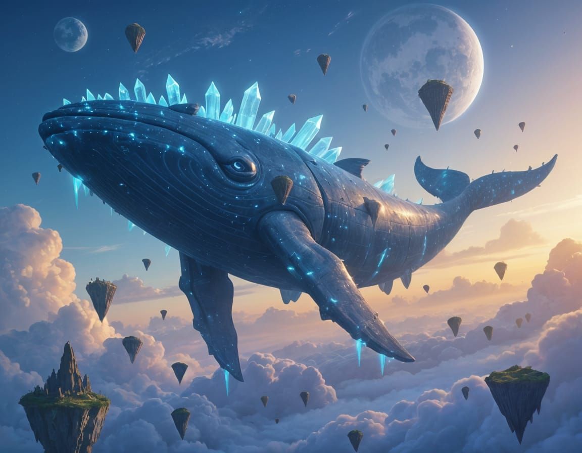Colossal Crystalline Sky Whale Drifting in Alien Sky