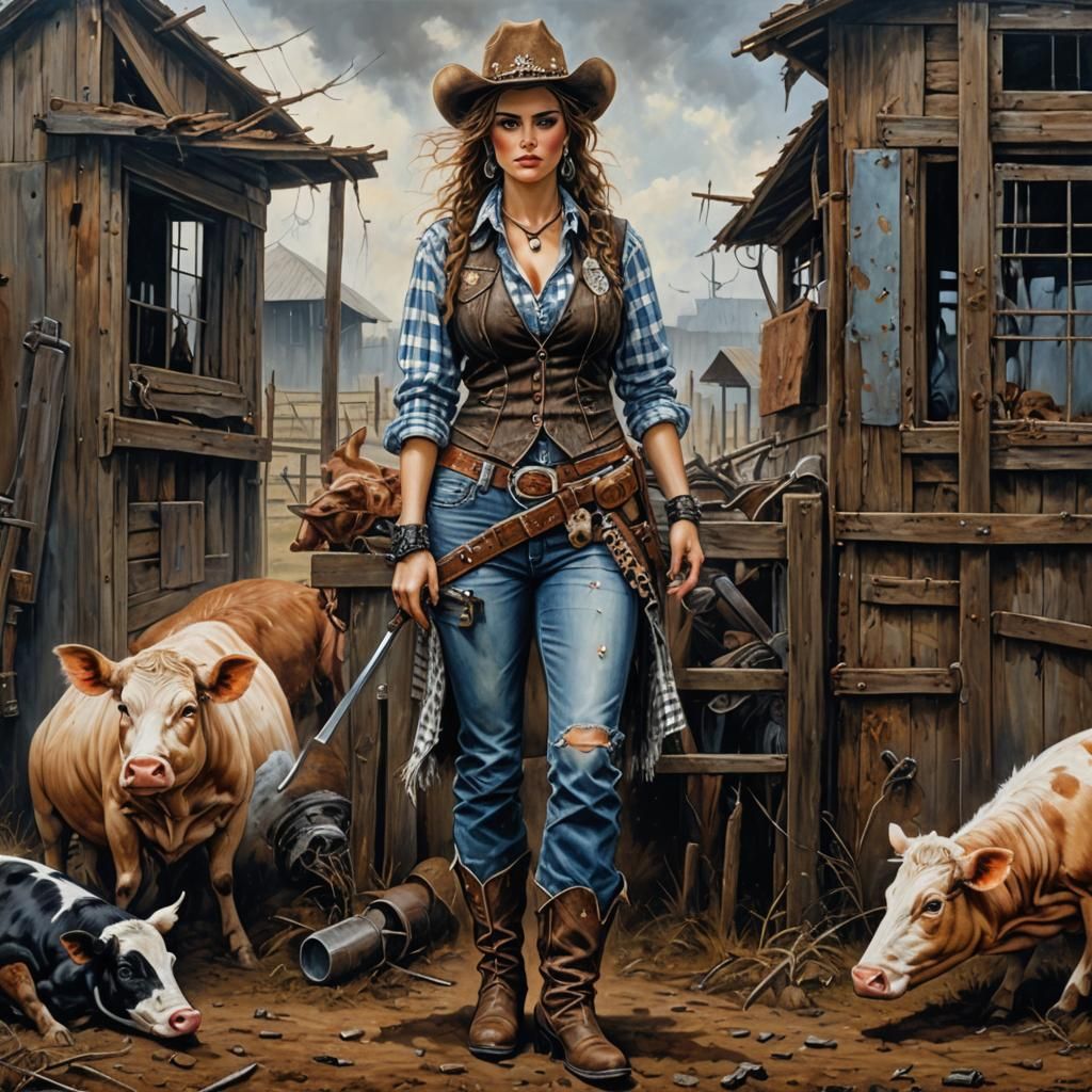 Post-Apocalyptic Farm Woman Portrait in Acrylic Style