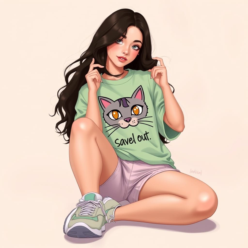 Confident Young Woman in Pastel Green Tee and Sneakers
