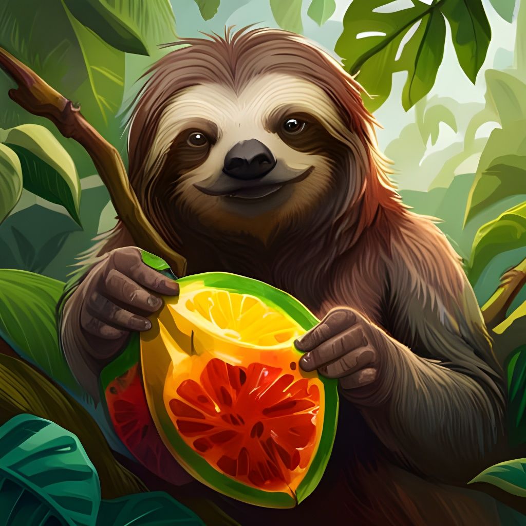Sloth Portrait in Rainforest with Tropical Fruit