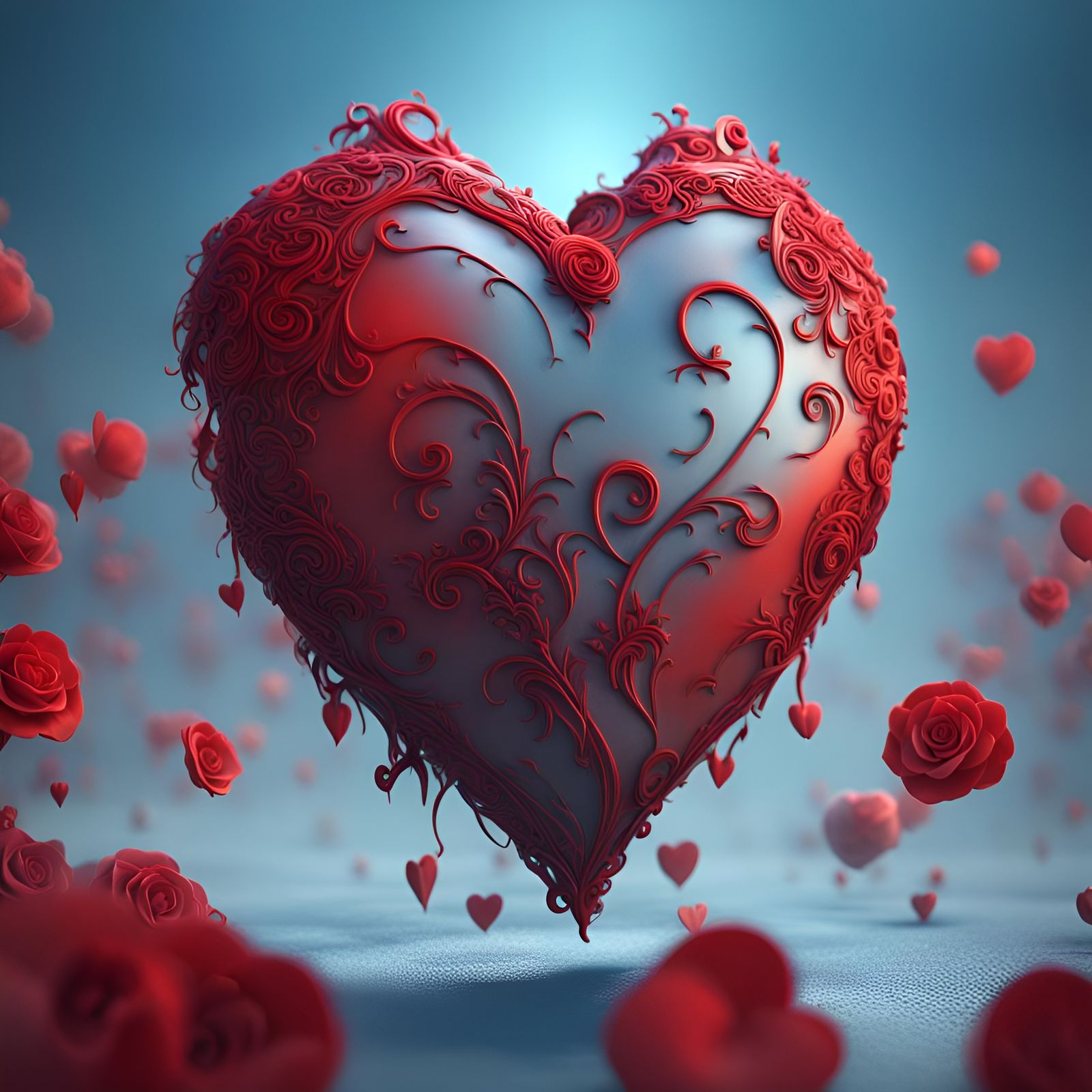 Valentine Heart Shimmers Through Mist: 3D Digital Art