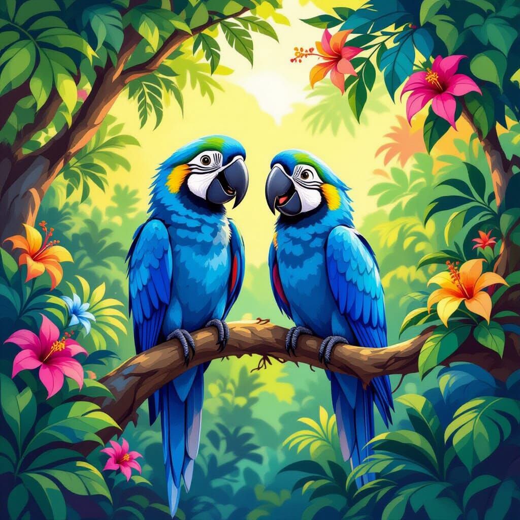 Blue Macaws Laughing in a Lush Tropical Setting