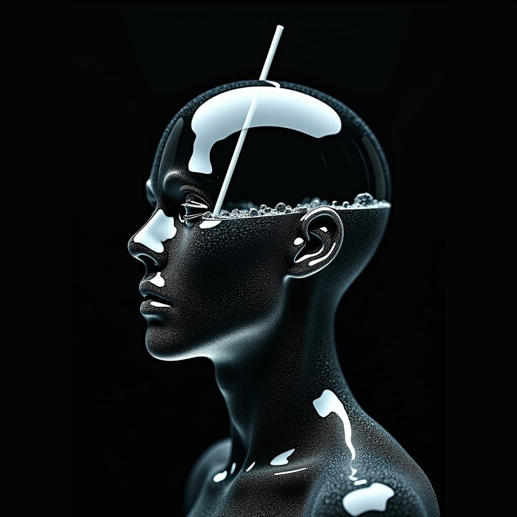 dark background,close up view,hyperrealistic, optical illusion, half made of glass humanhead with straw inside the head,...