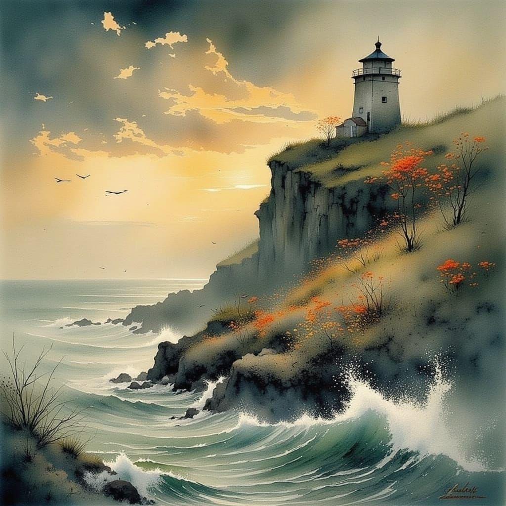 Luminous Lighthouse Amidst Blooming Coastline, Eroded by Tur...