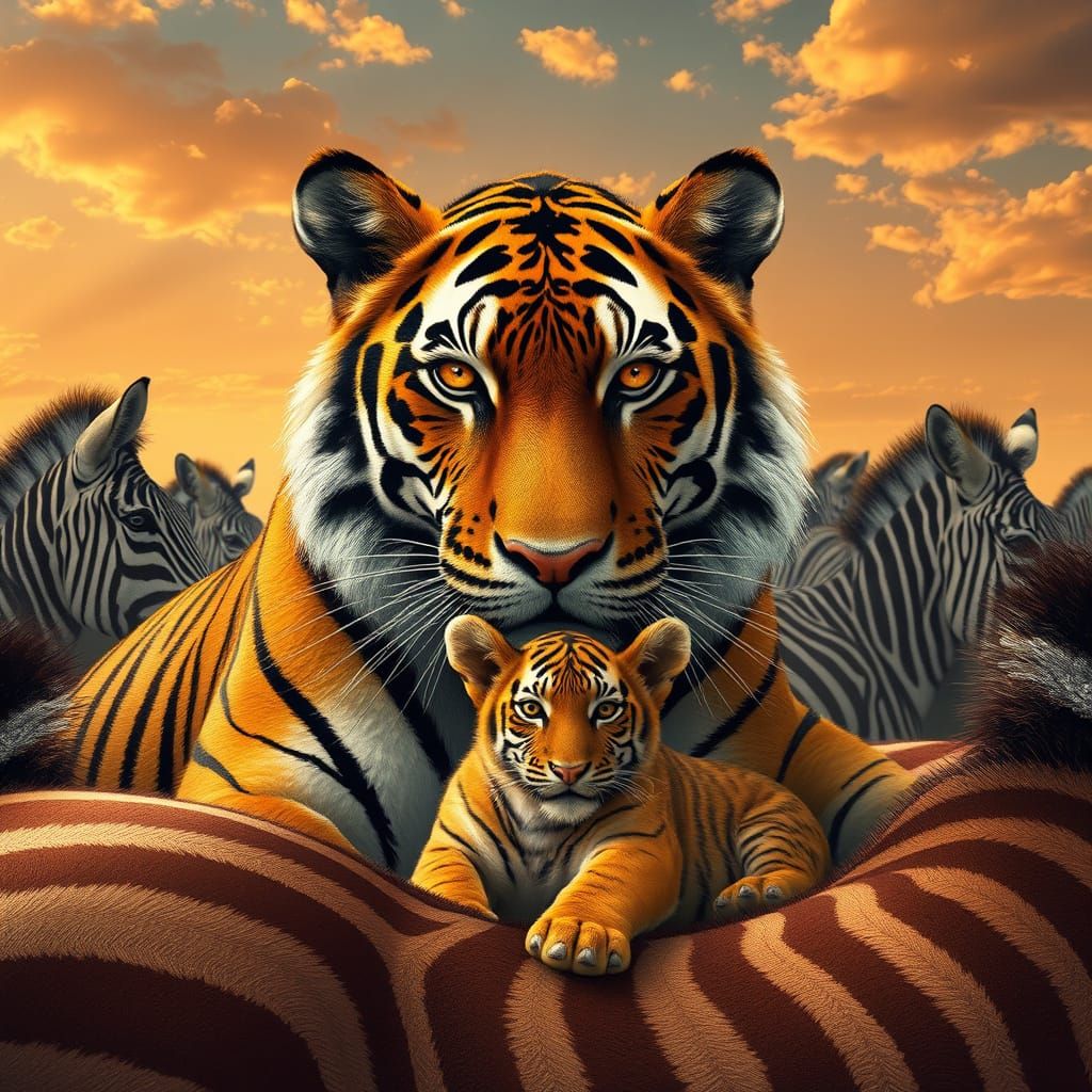 Tiger and Cub in African Savannah, Painterly Style