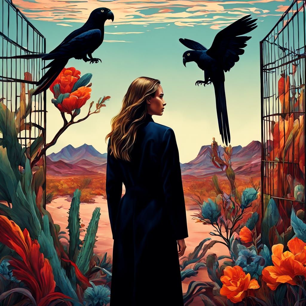 Surreal Woman and Puma in Fragmented Dreamscape