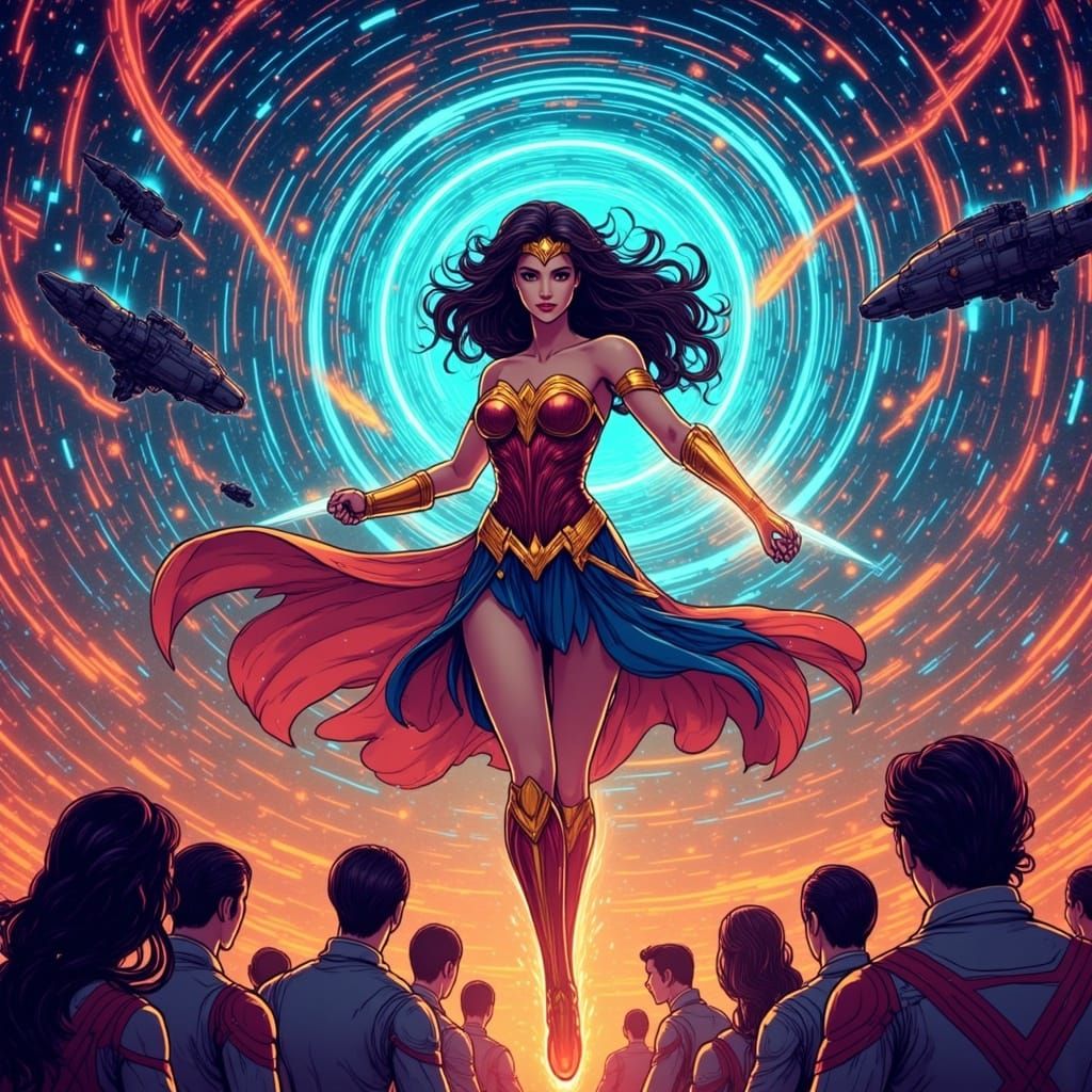 Wonder Woman soars above Neo-Themyscira in Cyberpunk Style