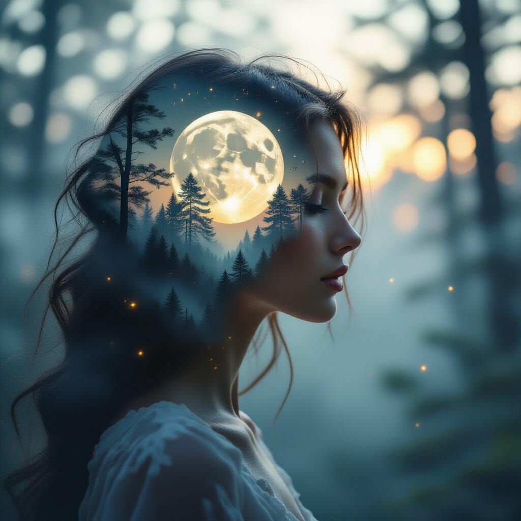 Ethereal Woman Portrait with Forest and Moon
