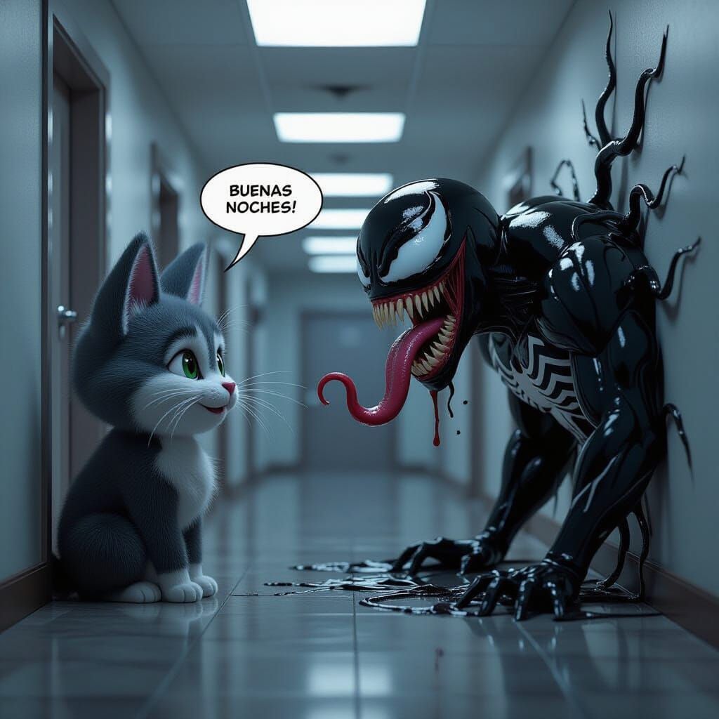 Pooka Character Confronts Venom-Like Creature in Moody Hallw...