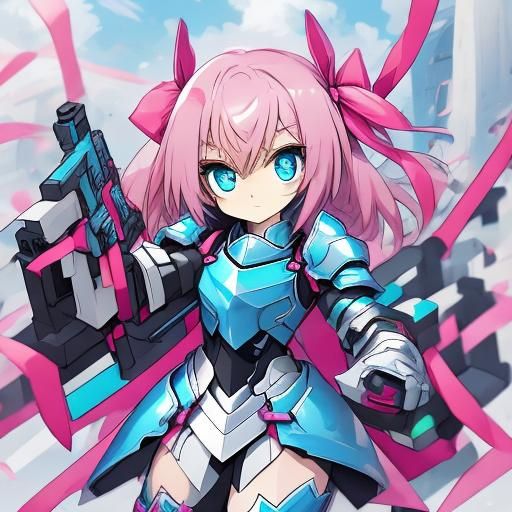Armored Girl with Blue Eyes and Pink Ribbon