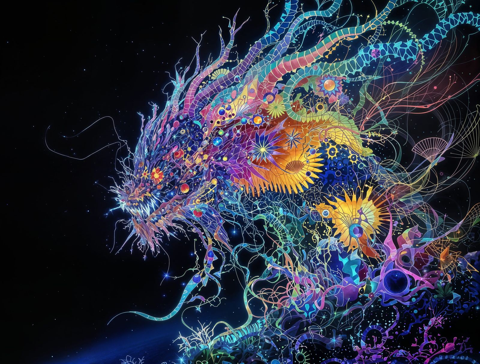 Rainbowcore Metamorphosis with Bioluminescent Details