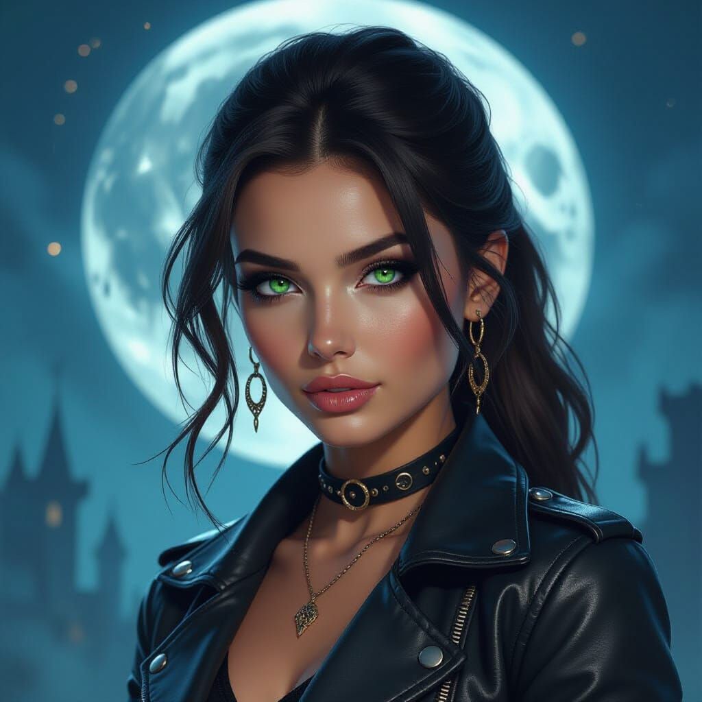 Emerald-Eyed Woman in Gothic, Moonlit Scene