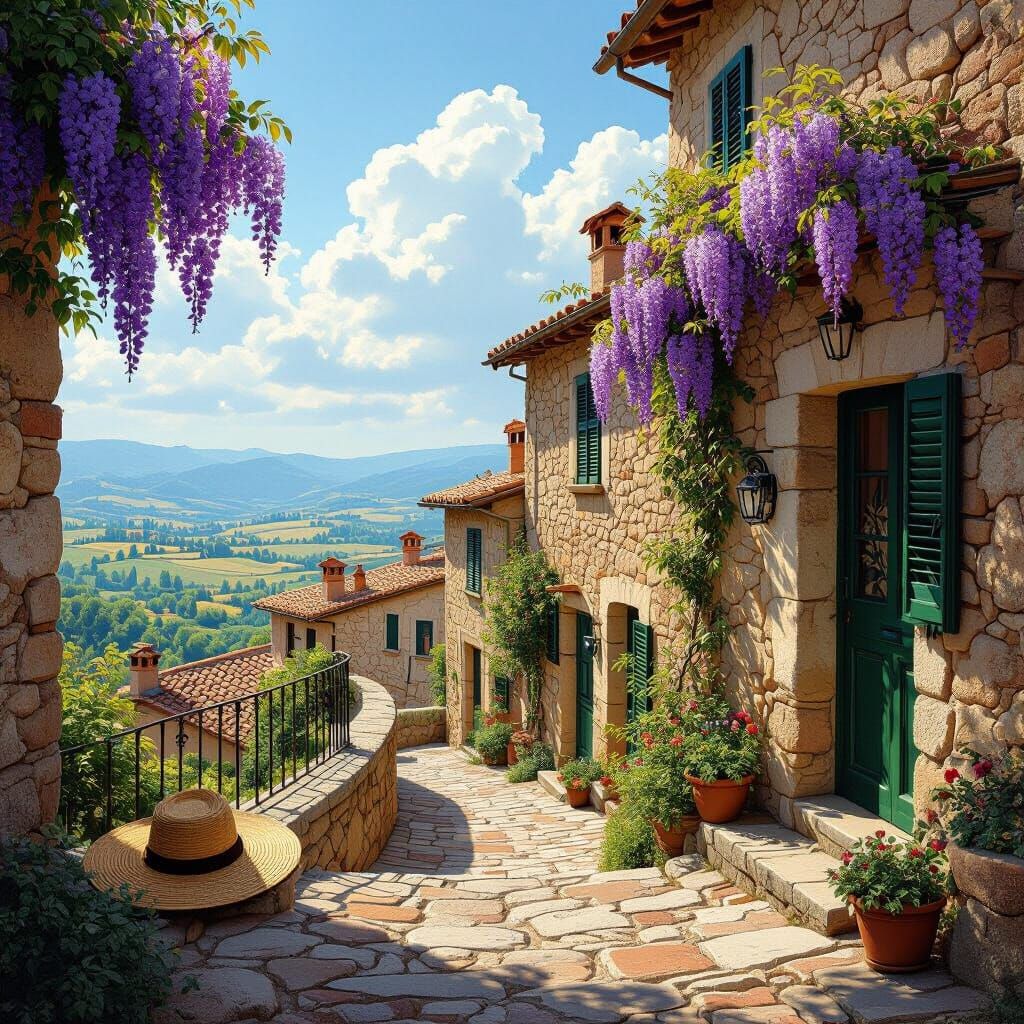 Sunlit Tuscan Village with Wisteria in Photorealistic Style