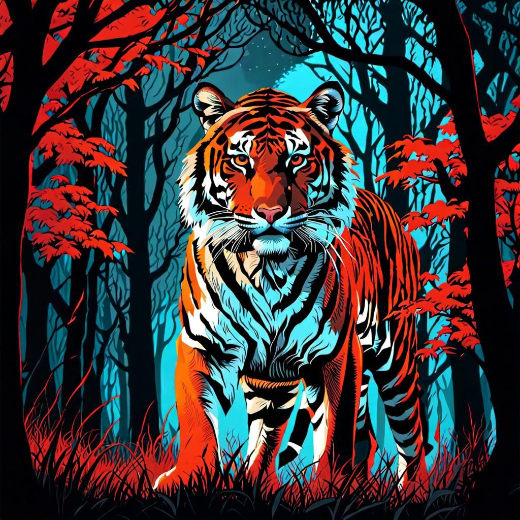 Double Exposure: Tiger Through Deer Eyes in Red Shadows