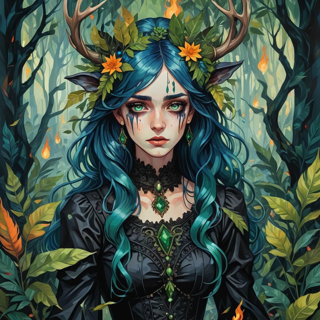 Sad Woman in Burning Jungle, Abstract Cubism Style