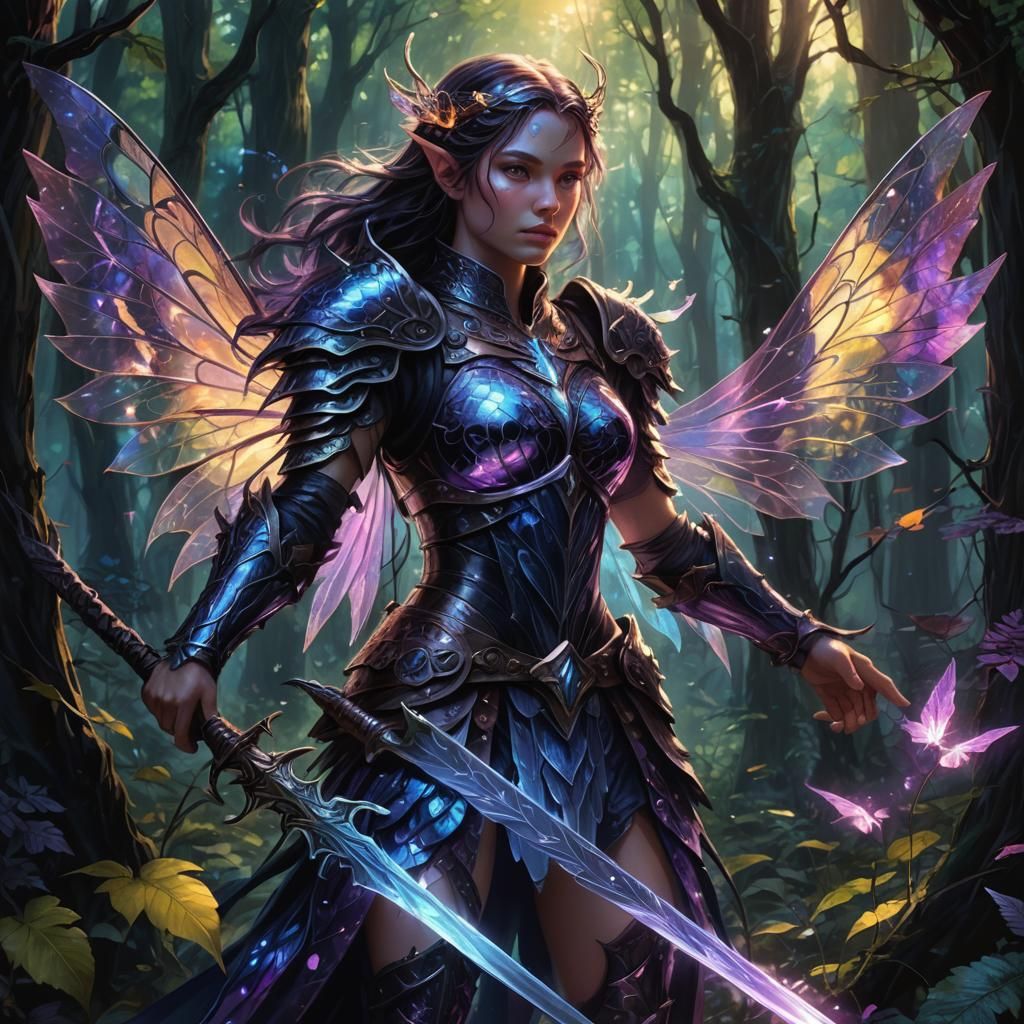 Fairy Warrior in Dark Forest Digital Painting