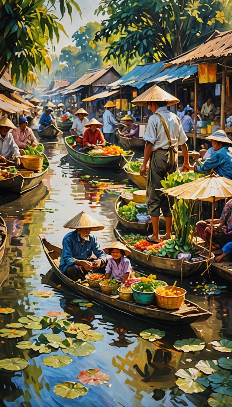 Bustling Floating Market in Impressionistic Style