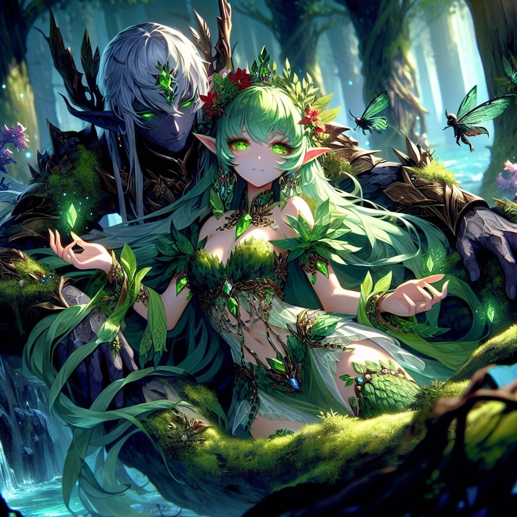 Anime Elf Druid in Orc's Arms: Fantasy Art