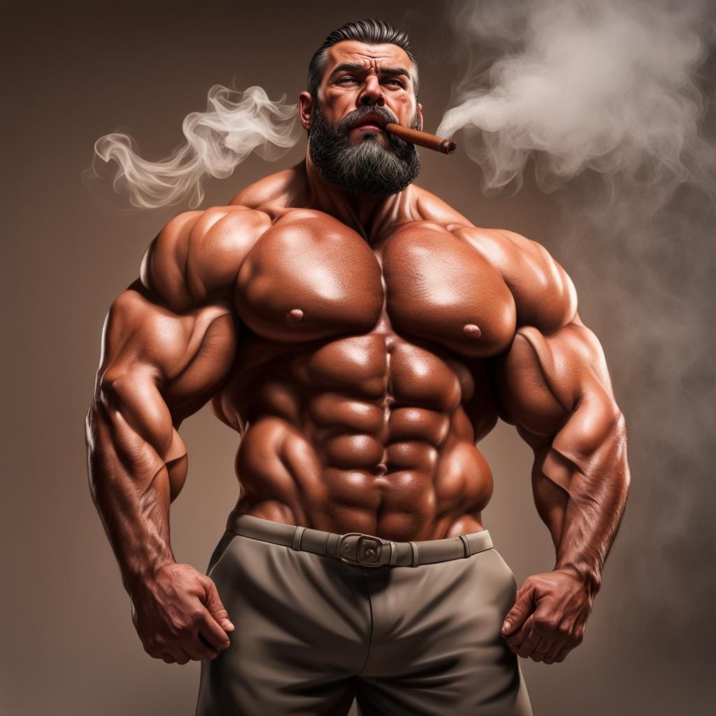 Lebanese Bodybuilder with Cigar, Hyperrealistic Portrait