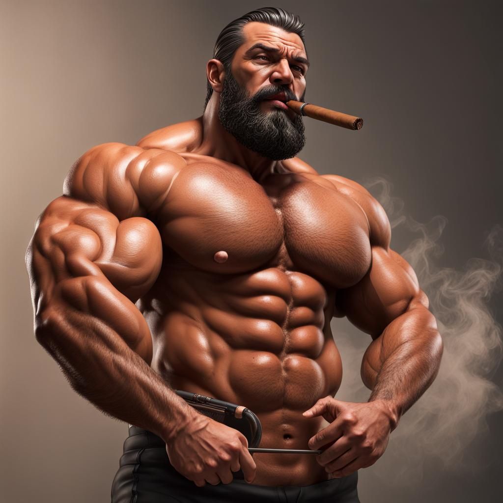 Lebanese Bodybuilder Smoking Cigar: Hyperrealistic Portrait