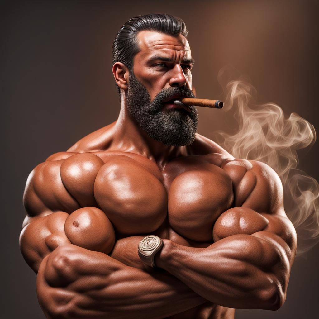 Lebanese Bodybuilder Smoking Cigar: Hyperrealistic Portrait
